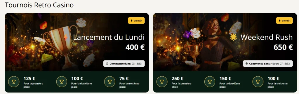 Retro Casino tournois Weekend Rush et Lancement du Lundi avec dotations hebdomadaires